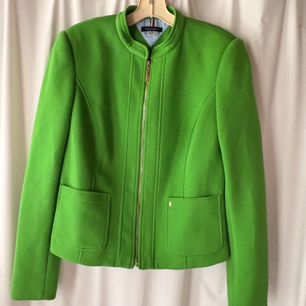 TOMMY HILFIGER Green Zip Front Elbow Patches Polyester Blend Blazer Jacket Sz 6